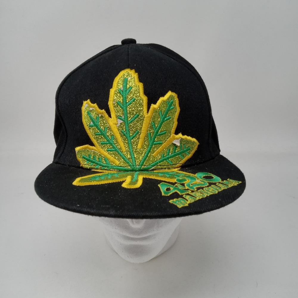 Marijuana Hat Cap Fitted Mens One‎ Size Black 420 Embroidered Weed Leaf Hippie